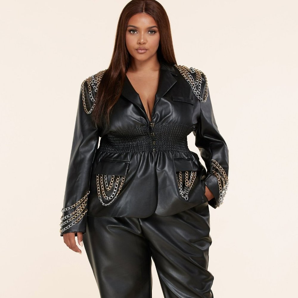 LATISTE NWT Black Faux Leather Plus Pantsuit with 2 tone chains by L'atiste